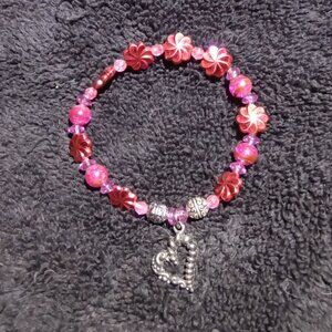 Hand Crafted Valentines Hot Pink Bracelet With Silver Heart